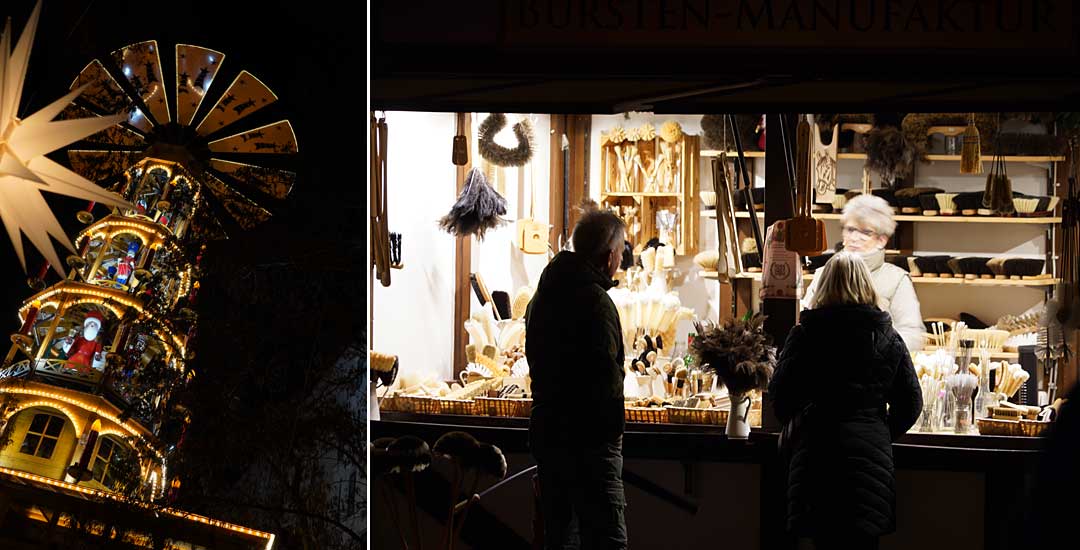 Pyramiede und Weihnachtsmarktstand im Lichterglanz bei der abendlichen Fototour durch Chemnitz.